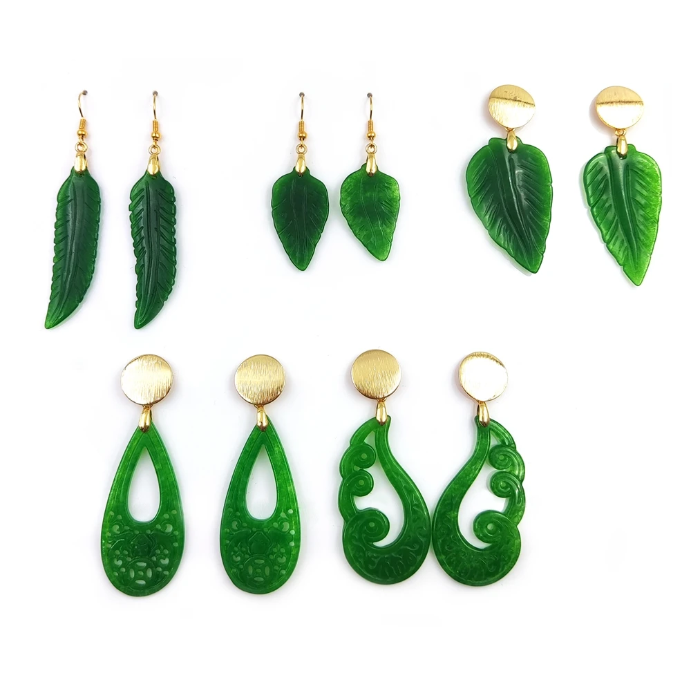 2022 New Fashion Eardrop Engraved Jade Jewelry Retro Chinese Style Wholesale Women Gold Leaf Drop Green Jade Hook Earrings Studs