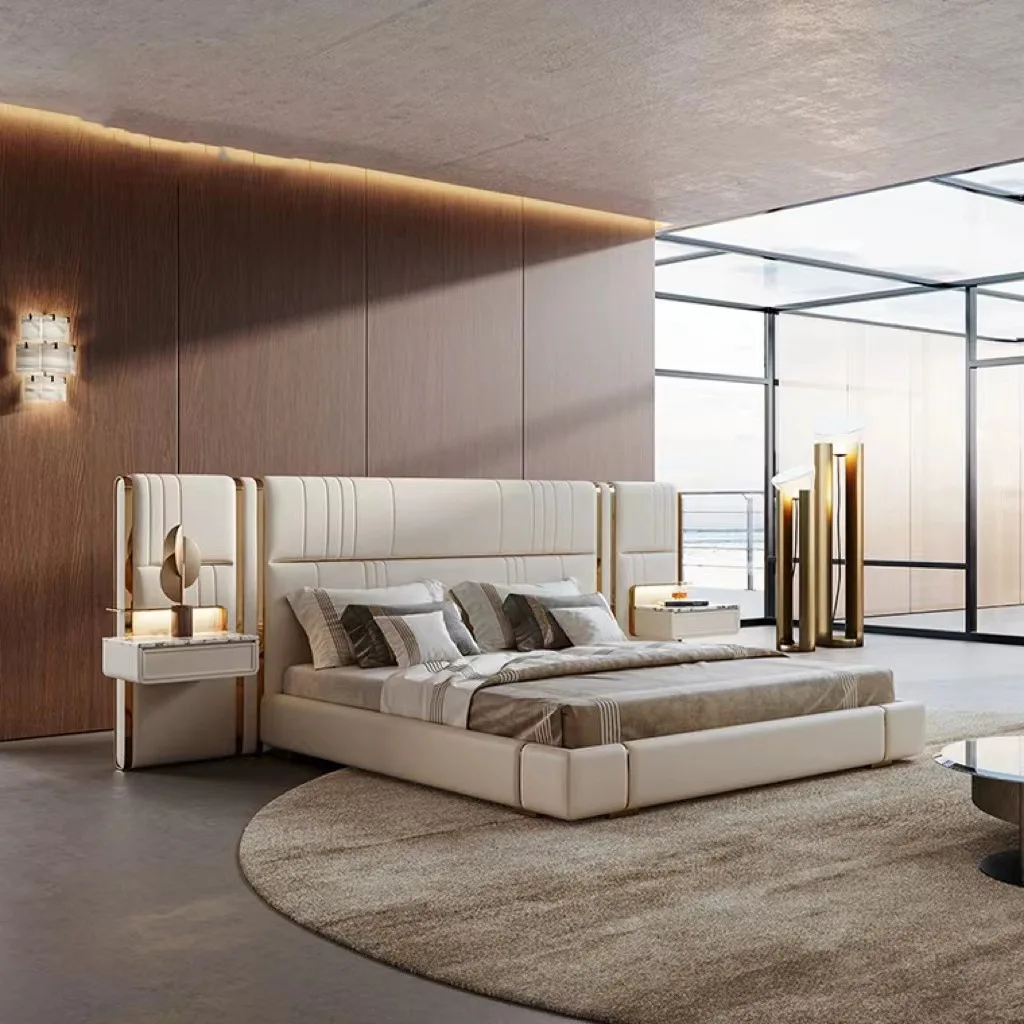 MR Luxury Bedroom Furniture Stainless Steel Bed Extend Headboard Leather Bed Frame with Nightstand King Queen Size