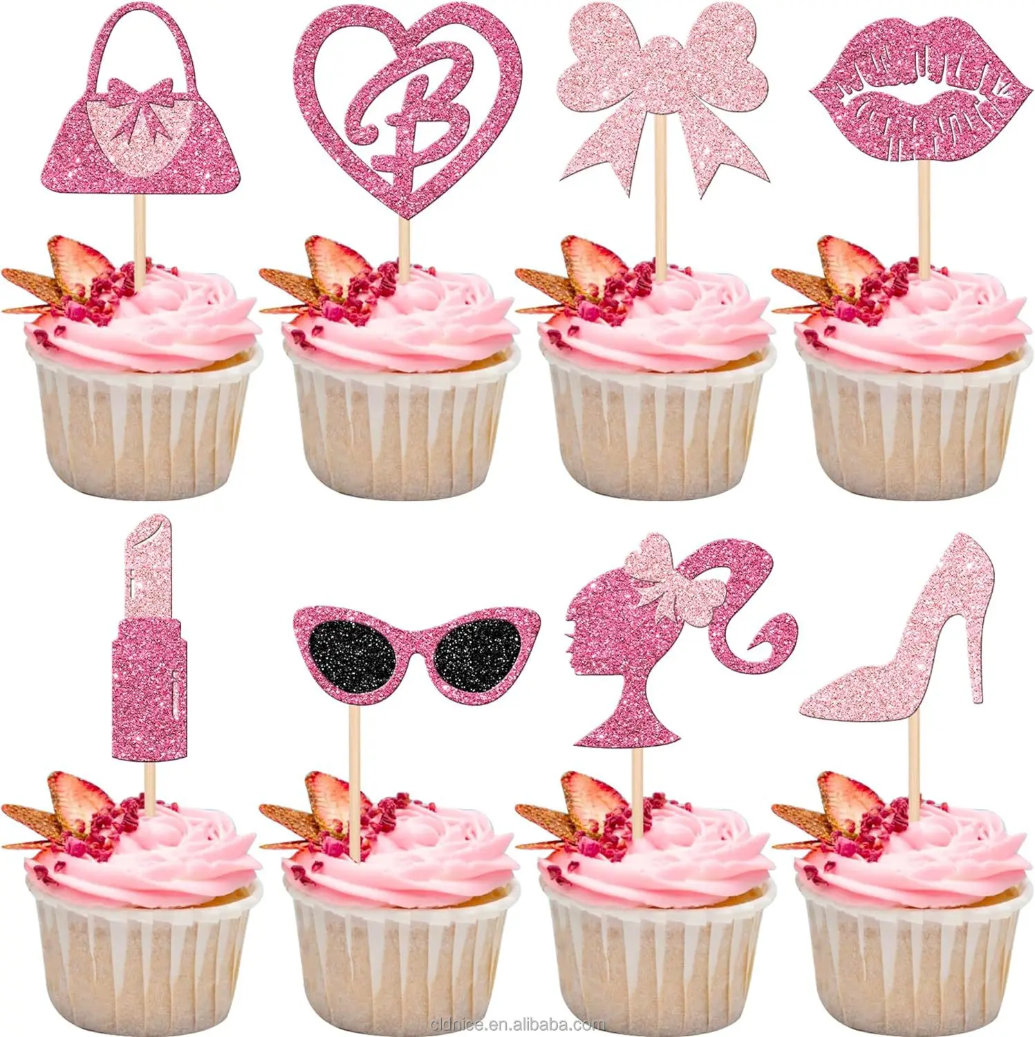 Nice 8pcs 1 Bag Custom Design Cake Topper Acrylic Gift Decorations Factory Shiny Pink Birthday Insert Cards