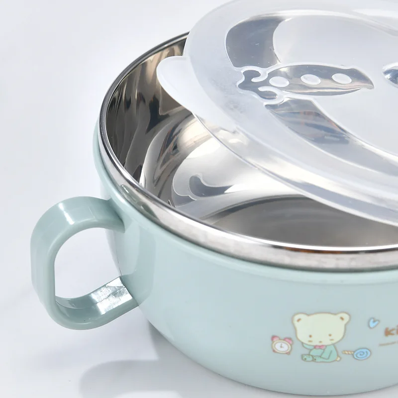 Baby Feeding Bowl Stainless Steel Insulation Bowl Spoon Set Cartoon Printed Children Food Bowl Bpa Free 300ml Custom Logo