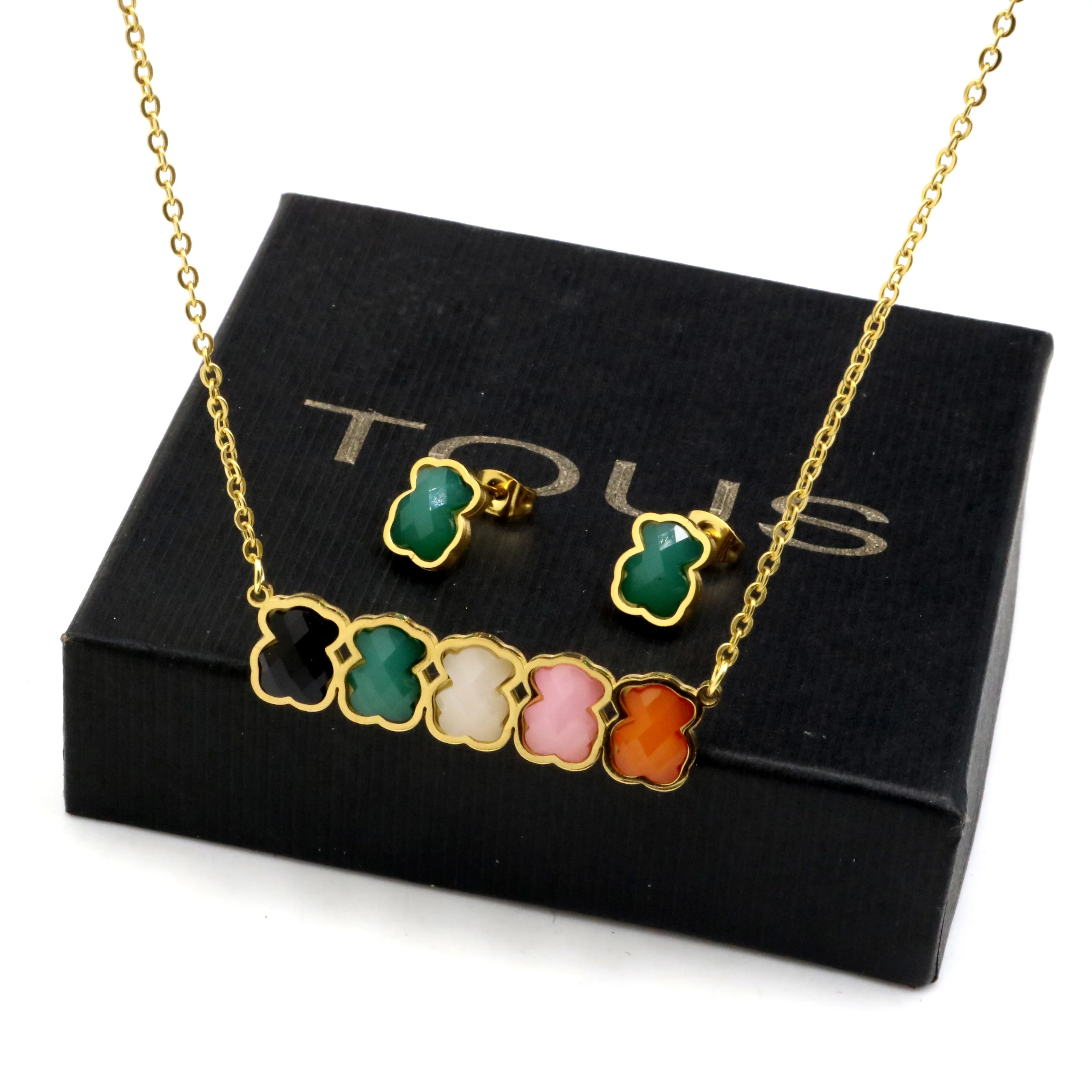 High Quality Titanium Steel Jewelry Color Crystal Bear Pendant Necklace and Earring Gold Jewelry Set