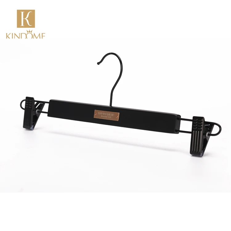 Clothing Organizing Custom LOGO Classic Black Wood Pants Hangers With Metal Plate LOGO