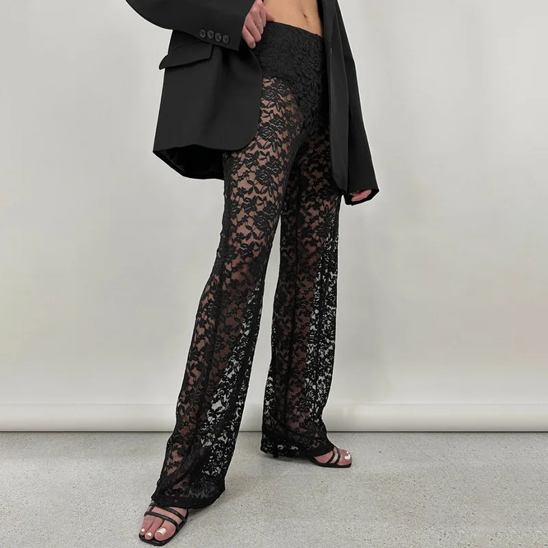 PB  Summer hot new product sexy versatile lace see-through high-waisted spliced long straight pants for women