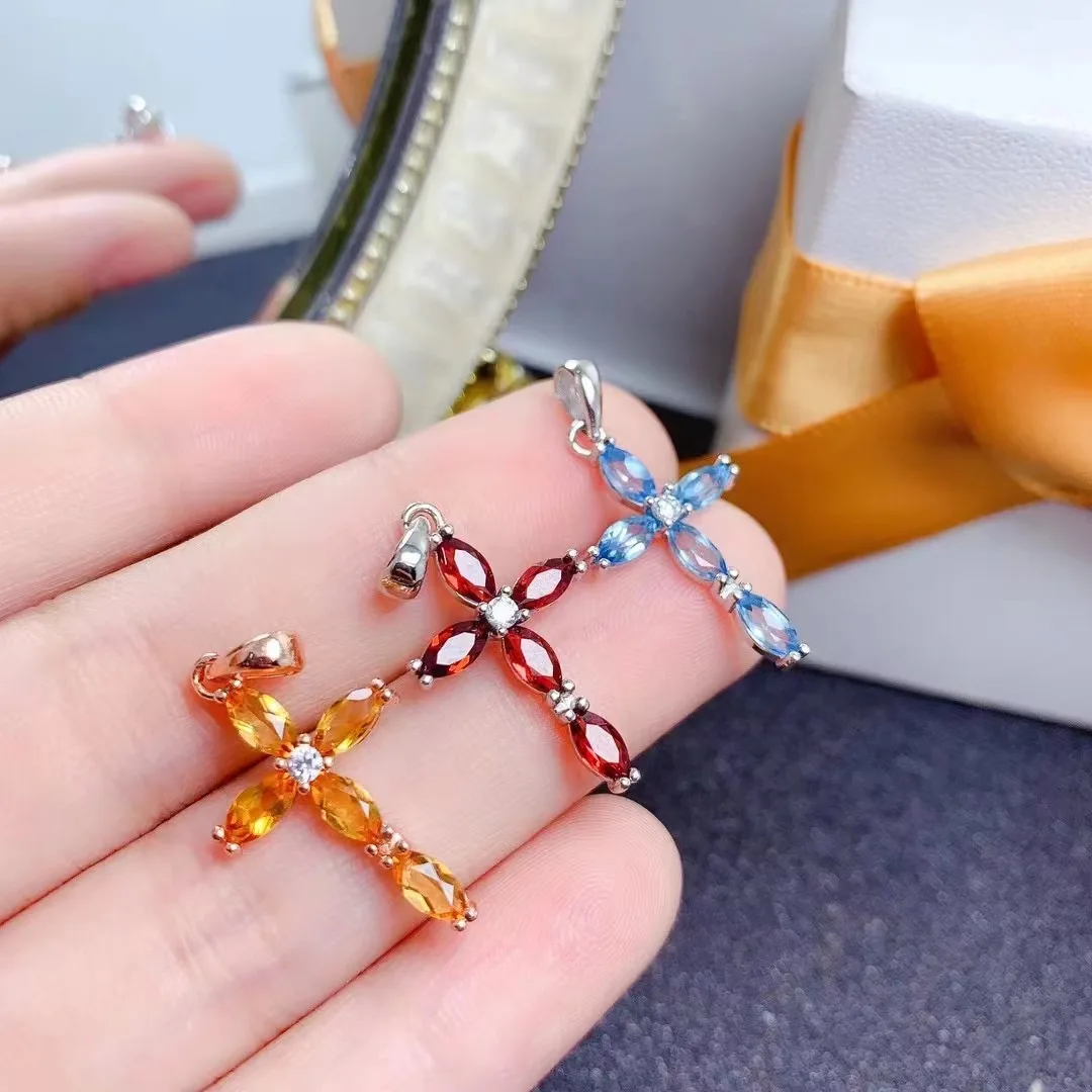 Low MOQ 925 Sterling Silver Natural Citrine Dainty Cross 3mm*6mm Basketball Pendant Necklace