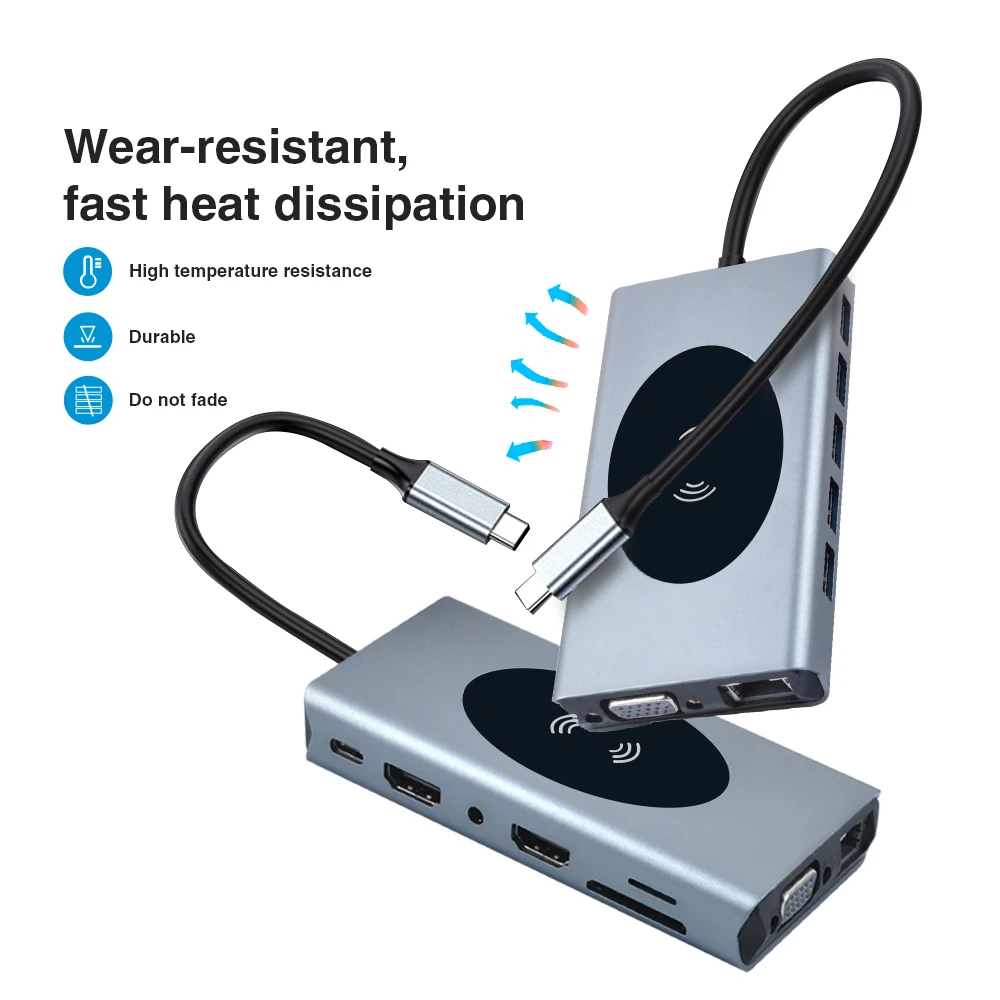 HUB docking station hub usb 14 in 1 type c to HD-MI*2 VGA USB3.0*5 SD TF RJ45 PD100W RJ45 1000M AUDIO3.5 10W gray BASIX