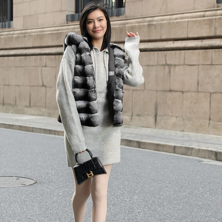 Custom Size Fashion Ladies Winter Short Style Real Rabbit Fur Gilet Chinchilla Waistcoat Hooded Fur Vest
