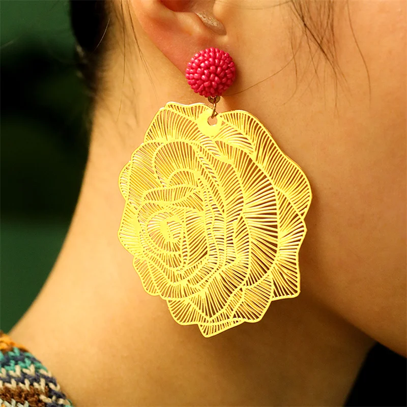 Fashion Carved Peony Flower 18K Gold Plated Big Dangle Earrings Personality Jewelry Statement Drop Earrings