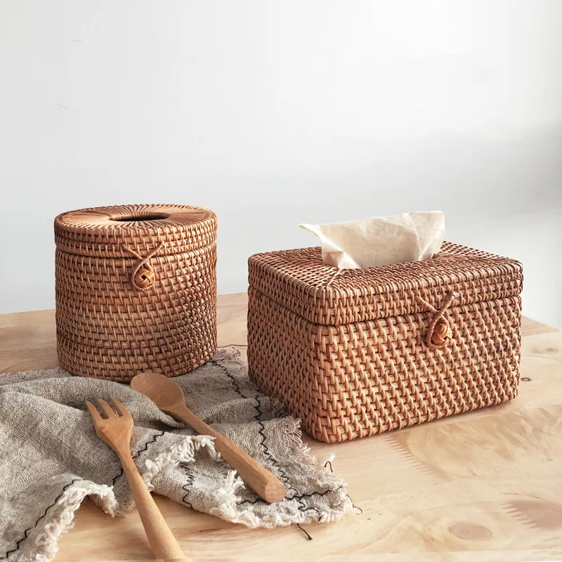 High Quality Handmade Natural Rattan Wicker Woven Tissue Storage Basket Rectangle Round Tissue Box