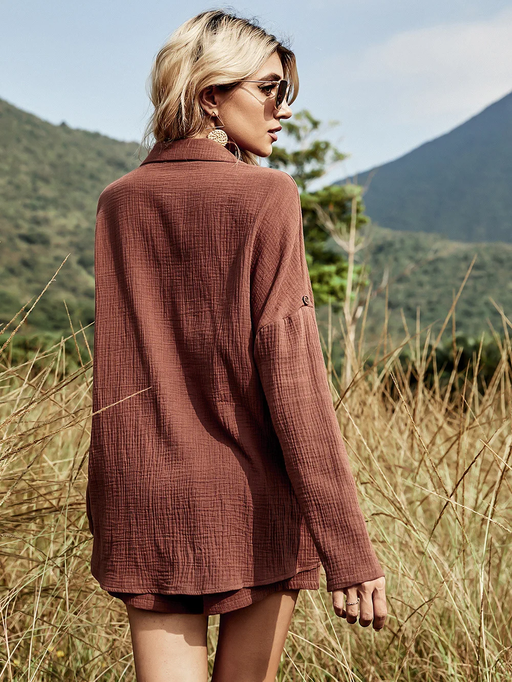 2022 new design bubble gauze women casual vacation trendy long sleeve white linen cotton 2 piece blouse short sets