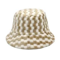 Wholesale 2021 new retro checked hat soft winter Fisherman hat plush travel fedora women bucket hat
