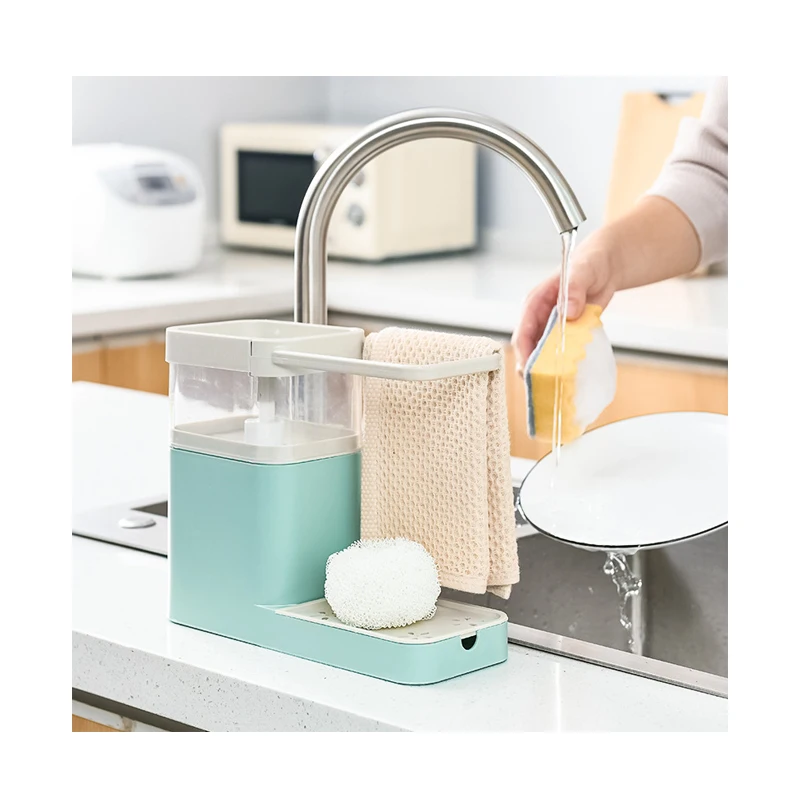 Drainable Storage Box Kitchen Sink Rack with Towel Bar Dishwashing Liquid Press Automatic Liquid Box