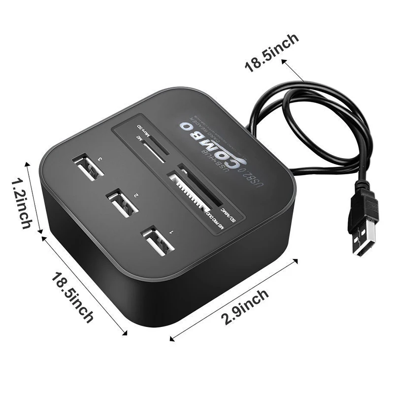 3 Port USB HUB Card Reader Multi USB Splitter 7 in 1 Support Micro TF SD M2 MS SDHC MMC Card USB Hub 2.0 for PC Laptop