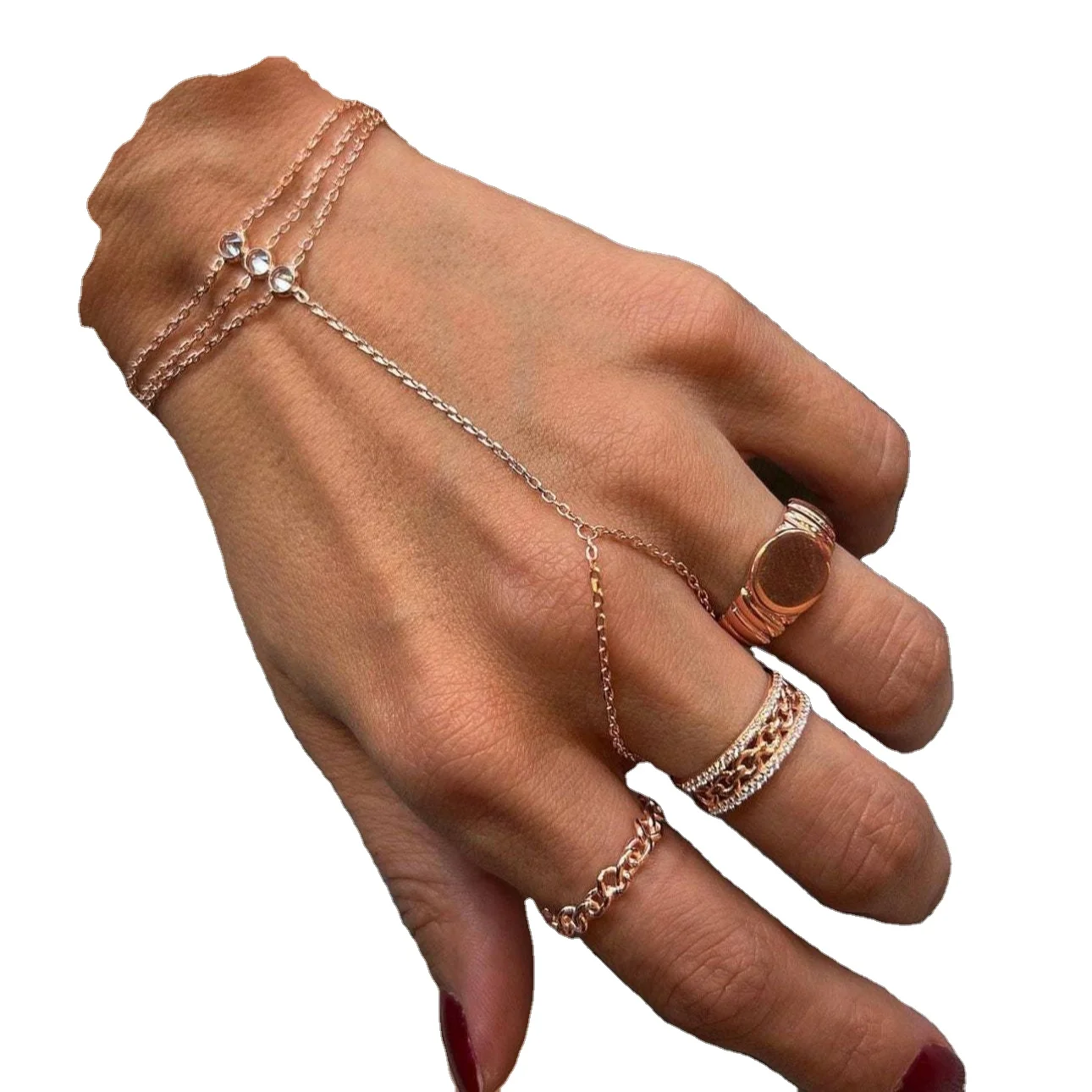 2024 Cz Stainless Steel Trendy Fashion Jewelry Zirconia Finger Hand Chain Bracelet With Rings Link To Ring