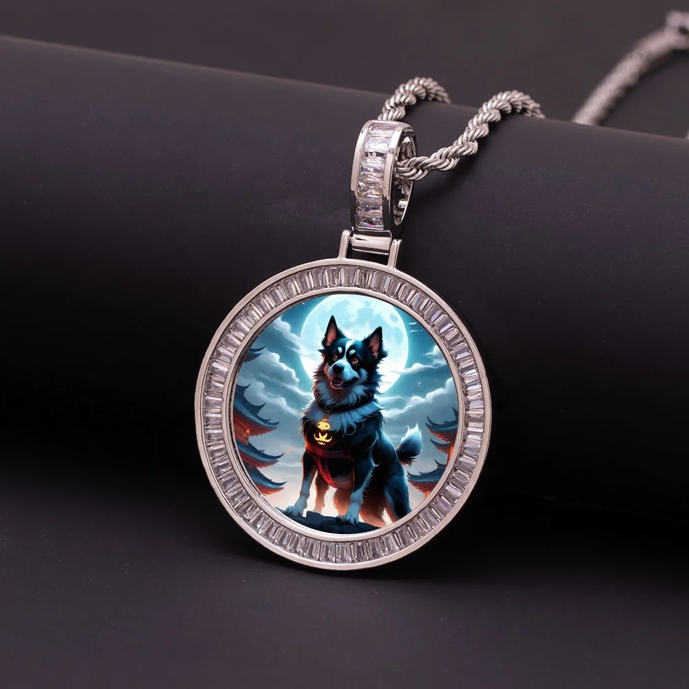 New 38mm DIY Photo Brass Golden Plated Circle Medallions Necklace Baguette Cubic Zircon Pet Cat Dog Rabbit Picture Frame Pendant
