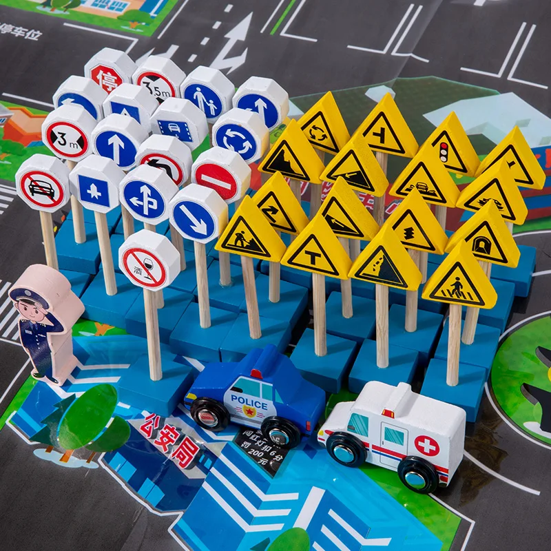 New Arrival 33 PCS Wooden Street Traffic Signs Parking Toys Set For Children Montessori Security Cognitive Educational Toy