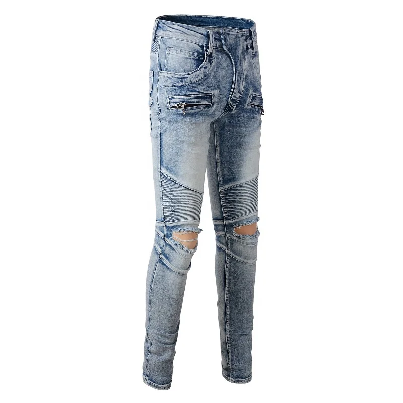 OEM  new style ripped pent style stock drop shipping men denim biker skinny jeans