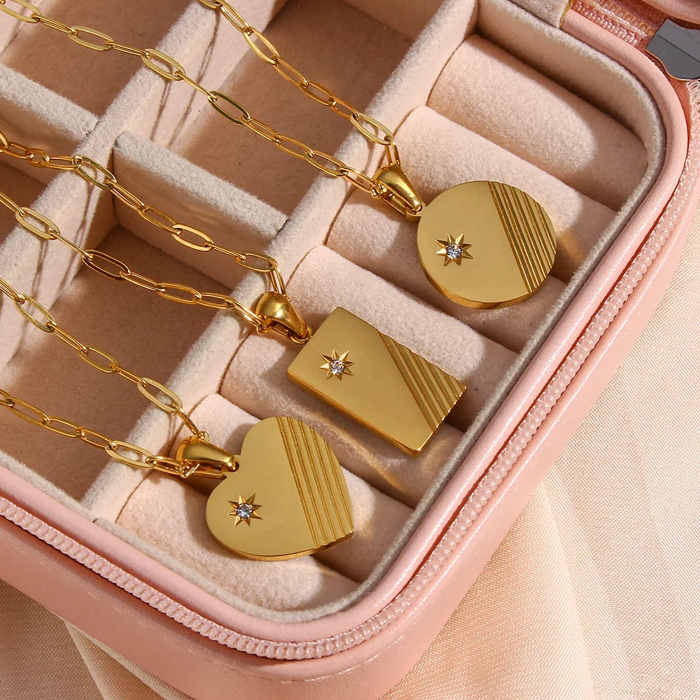 Wholesale Trendy 18k Gold Stainless Steel Oval Chain Women Jewelry Stripe Pattern Zircon Square Heart Circle Pendant Necklace
