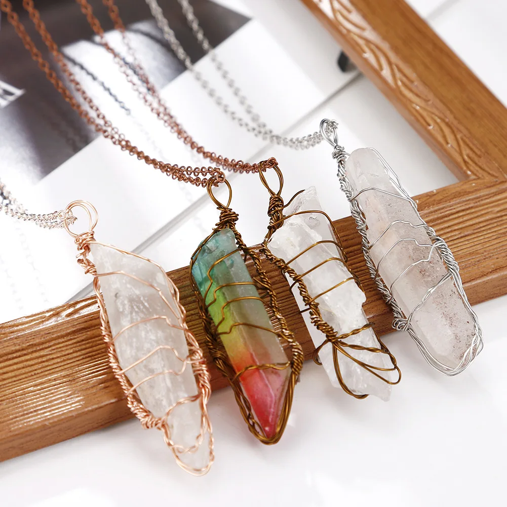 Natural Crystal Big Pendant Reiki Chakra Yoga Tree Of Life Rose Gold Color Handmade Wire Wrapped Pendant For Necklace