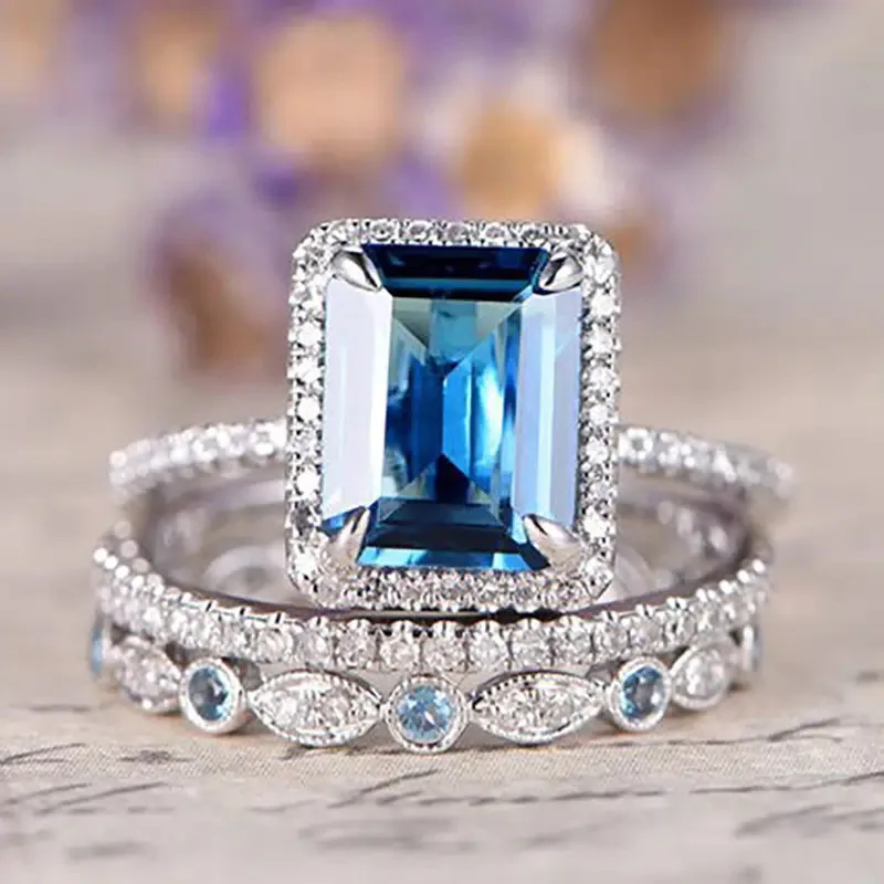 Stylish Noble Square Blue Gems Full Diamonds Ring Birthday Party Wedding Brass Ring Gift for Women Hainon 2409