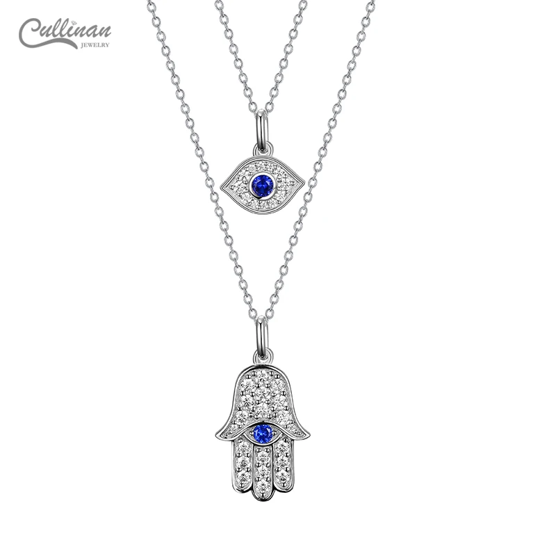 High Quality 2021 New Design 925 Sterling Silver Blue Sapphire Zircon Stone Hamsa Hand Evil Eye Layered Necklace
