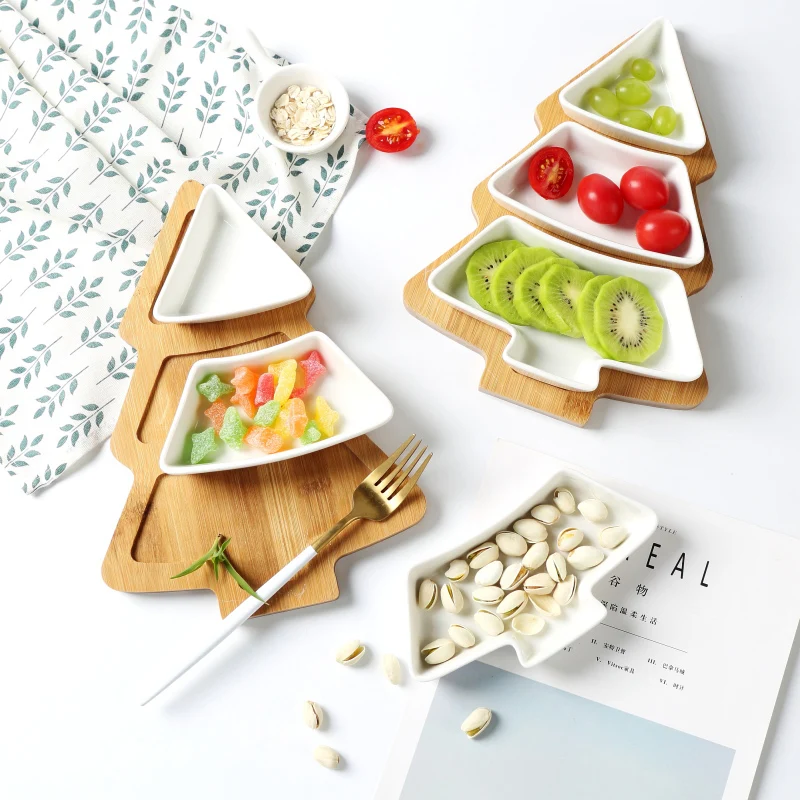 Pan holiday gift creative design Christmas tree shape plate wooden tableware bamboo plate