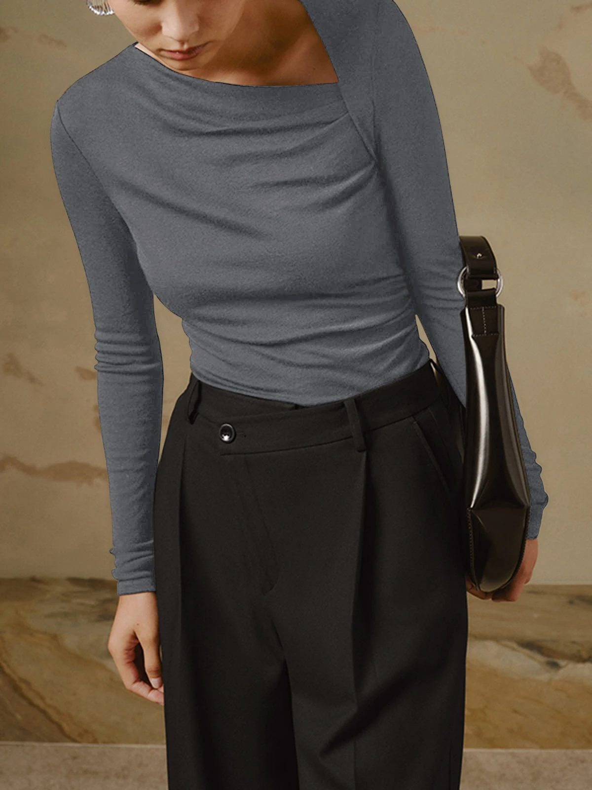 Slash Neck Tight Fit Body Tops Woman Long Sleeve T-shirt For Ladies