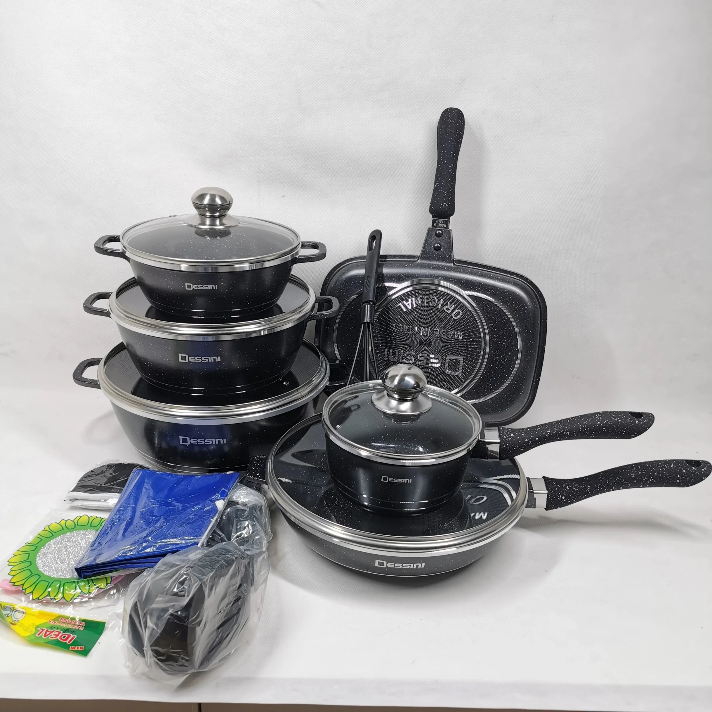 Dessini 23pcs non stick cast aluminum pots sets cooking cookware set pots and pans with glass lid