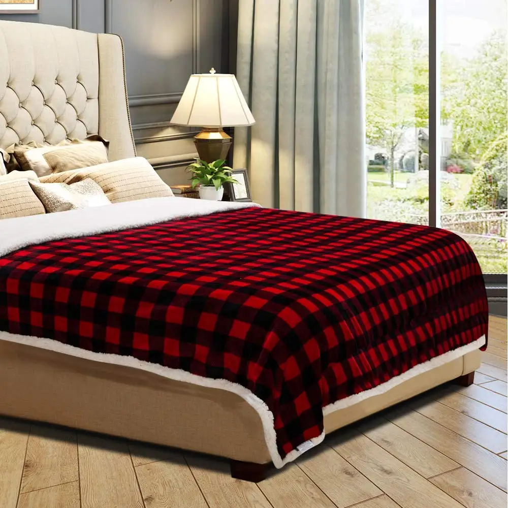 Christmas Sherpa Plaid Printed Super Soft Custom Plush Sherpa Fleece Throw Blanket for Sofa Bed