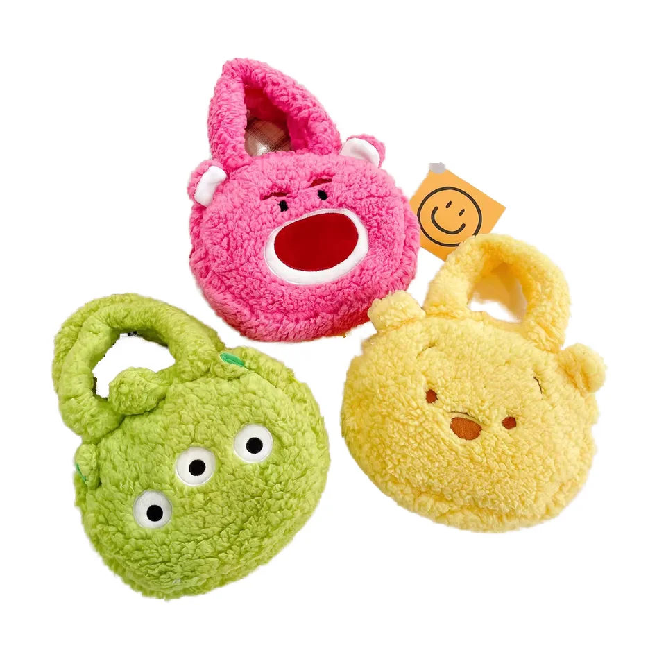 Cheap 20cm Plush Strawberry Bear Handbag for Girls with Yellow and Green Animal Head Shape Kids Backpack Pink Carton Bag