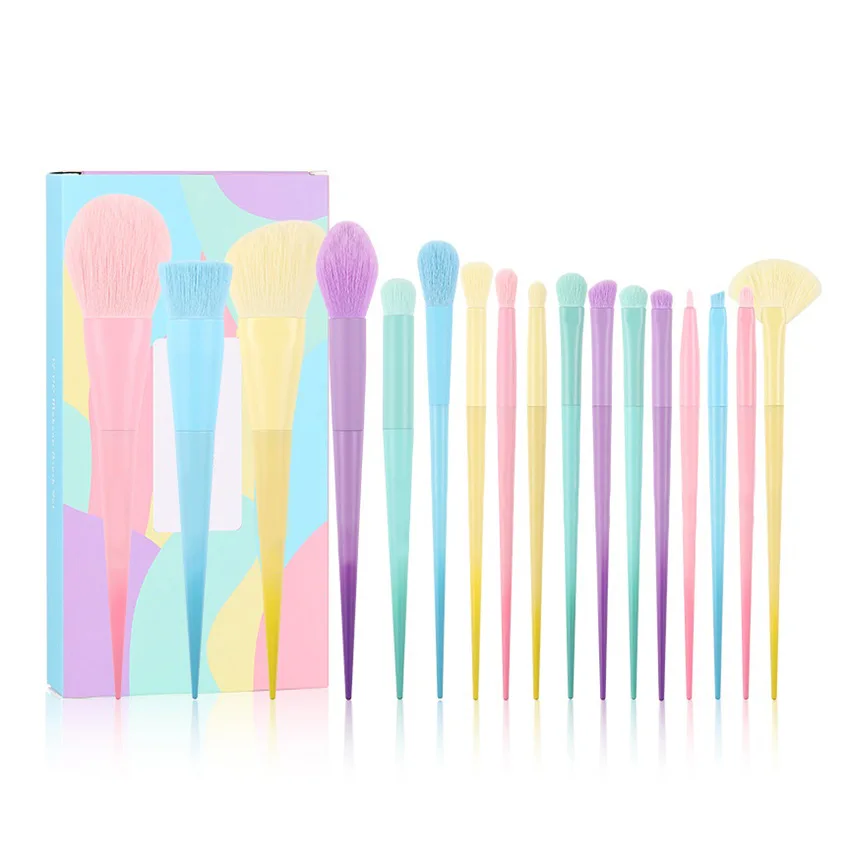 17 Pcs Colourful Makeup Brush Premium Gift  Kabuki Foundation Blending Face Powder Blush Rainbow Make Up Brush Set