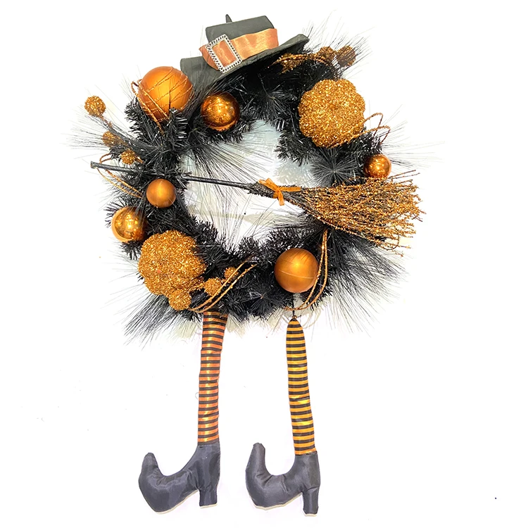 New Design witch leg Wreath Halloween Decoration Halloween With Glitter Pumpkin Broom Hat Plastic Ornaments Ball