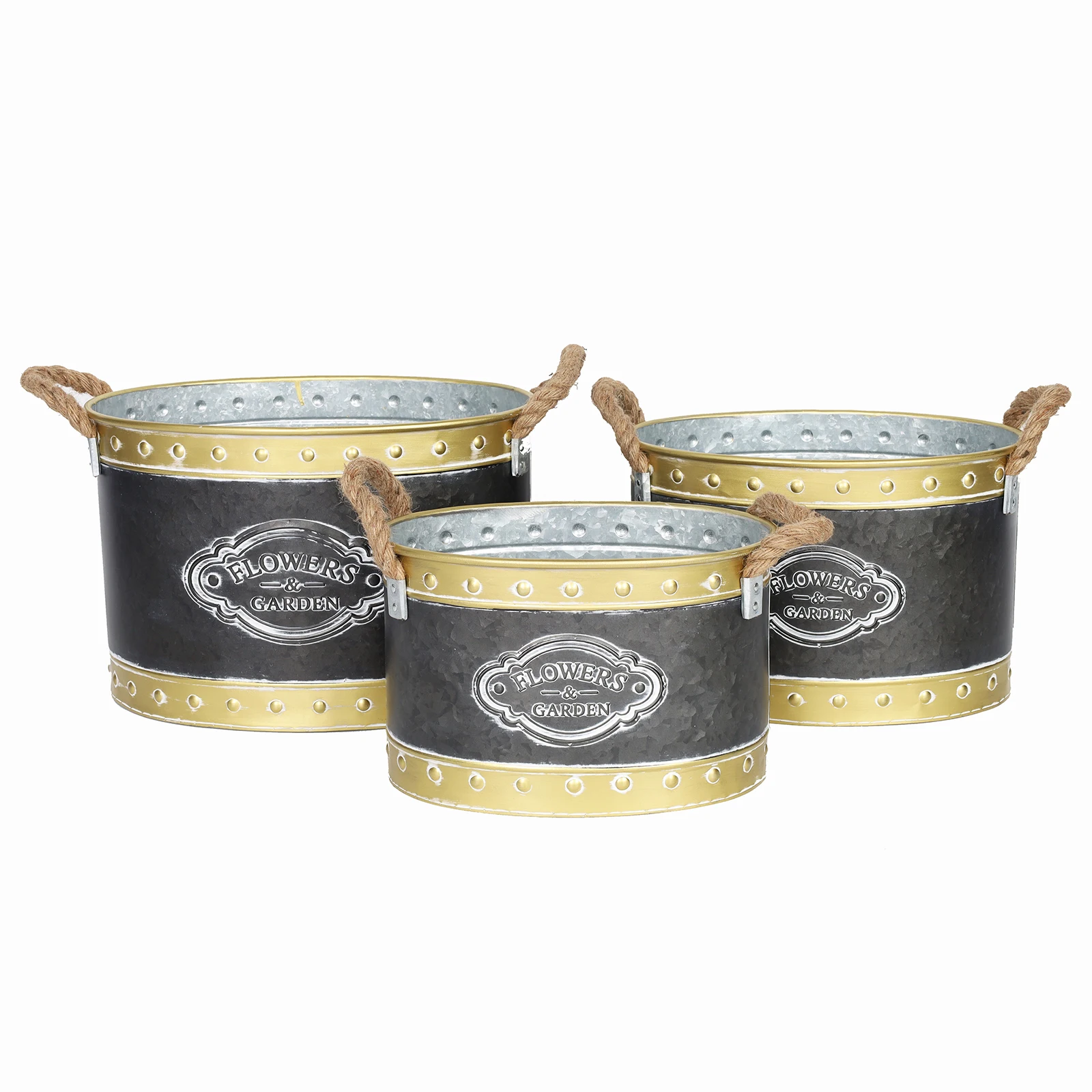 Artmade Vintage Galvanized French Zinc Bucket Flower Pots with Burlap Handles,Metal Planters for Garden Flower Decorative