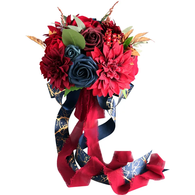 SPH051 Simulated Wine Red Royal Blue Bride Holding Artificial Flowers Traditional Chinese Marriage Bridal Bouquet For Wedding