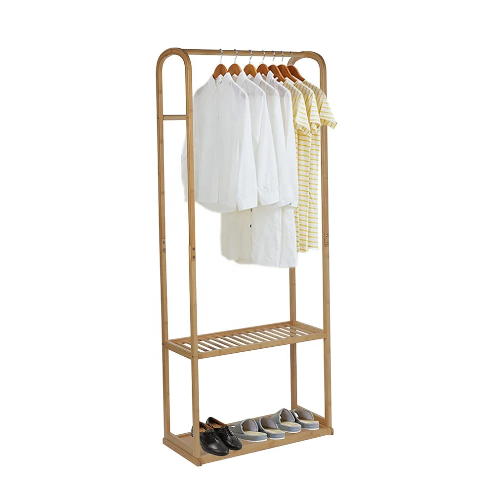 Nordic free standing bamboo clothes coat rack stand with shoe storage bench