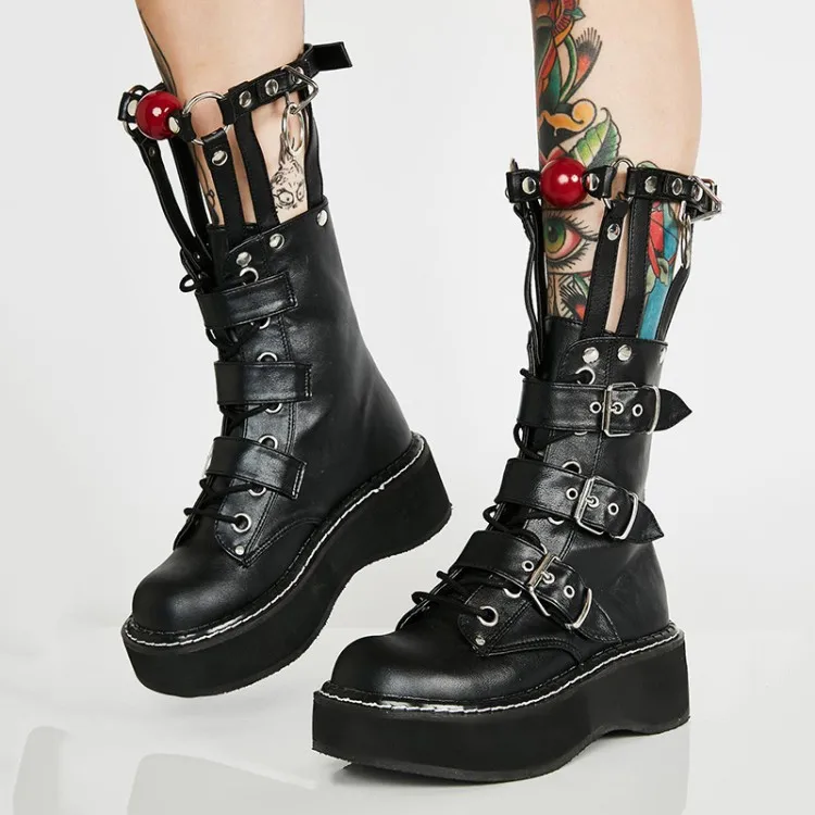 
LM5043 winter buckle with metal decorative fashion boots female leather back zipper rivet platform boots 