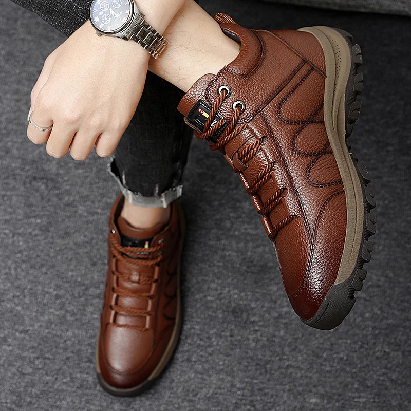 
2019 New Winter real leather neb ankle sneakers Faux Fur lining snow boots warm shoes outdoor Martin boots for men 
