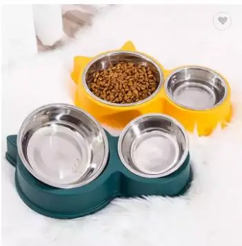 Four color wholesale cat ear design cats and dogs household double bowl pp kitten pet food drinking stainless steel double bowl