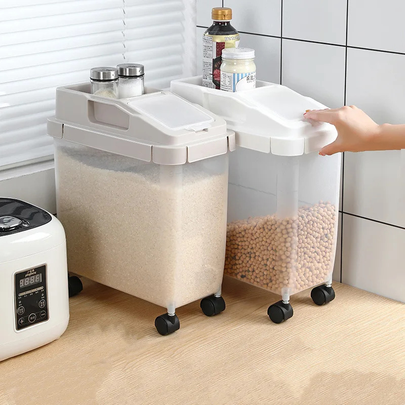Wholesale 10kg Large Capacity Airtight Food Storage Containers Plastic Movable Rice Container with Wheels and Scoop