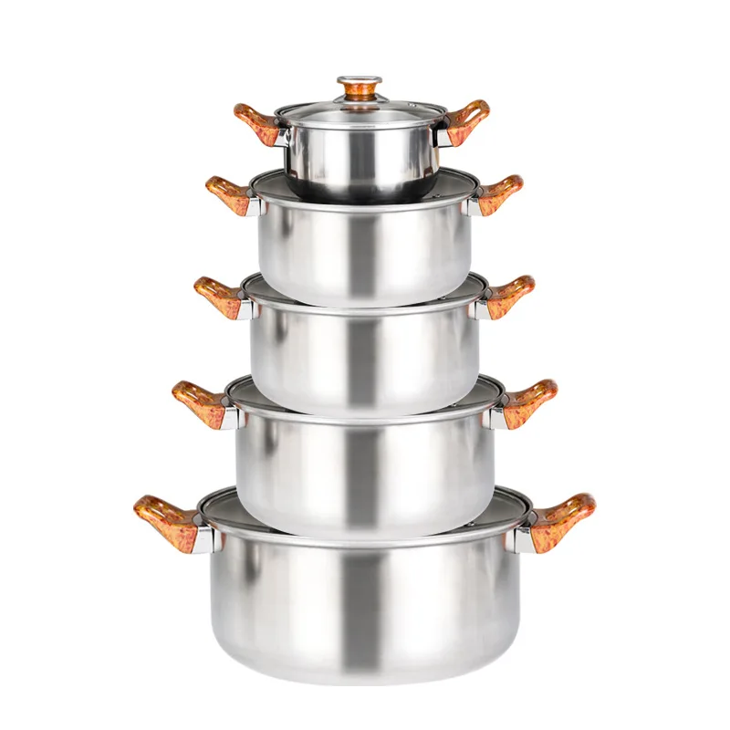 12-Piece Stainless Steel Set Wood Grain Handle Pot Set Multi-function Soup Milk Pot Kettle Frying Pan Cookware Set