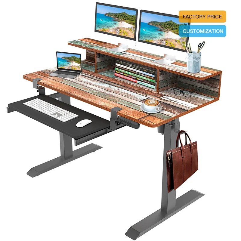 High quality adjustable height Cheap Electric Standing Sit Stand Gaming Desk With bookshelf and keyboard holder