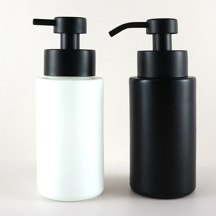 300ml Wide mouth round glass foaming pump bottle hand wash pump bottle with stainless steel spray pump