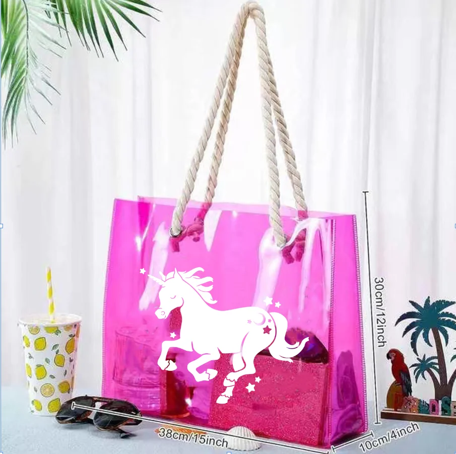 High quality Customized Fashion Pink Bags With Thick Cotton Handle Transparent Pvc Waterproof Tote Shopping Bag clear beach bag