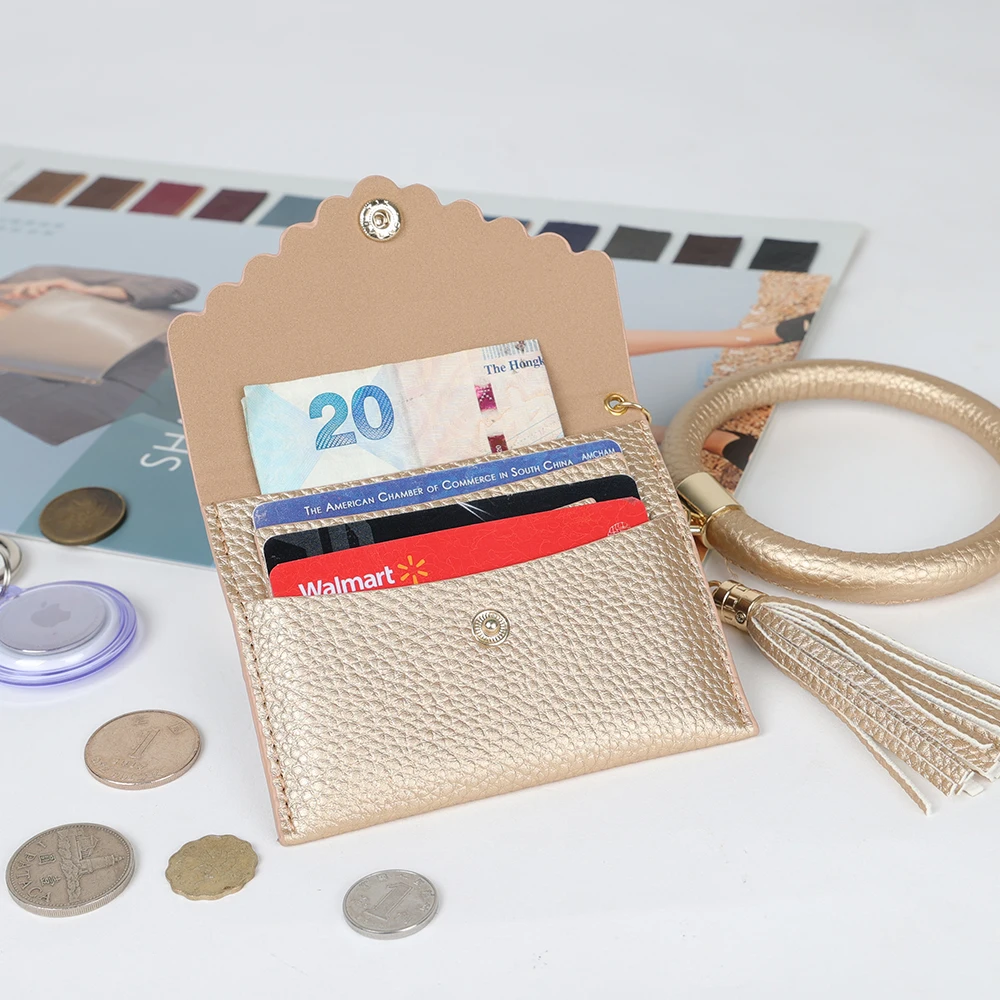 Hot Sale A mazon Leather Key Ring Keychain Wallet Wristlet Bracelet Custom round luxury leather wristlet keychain