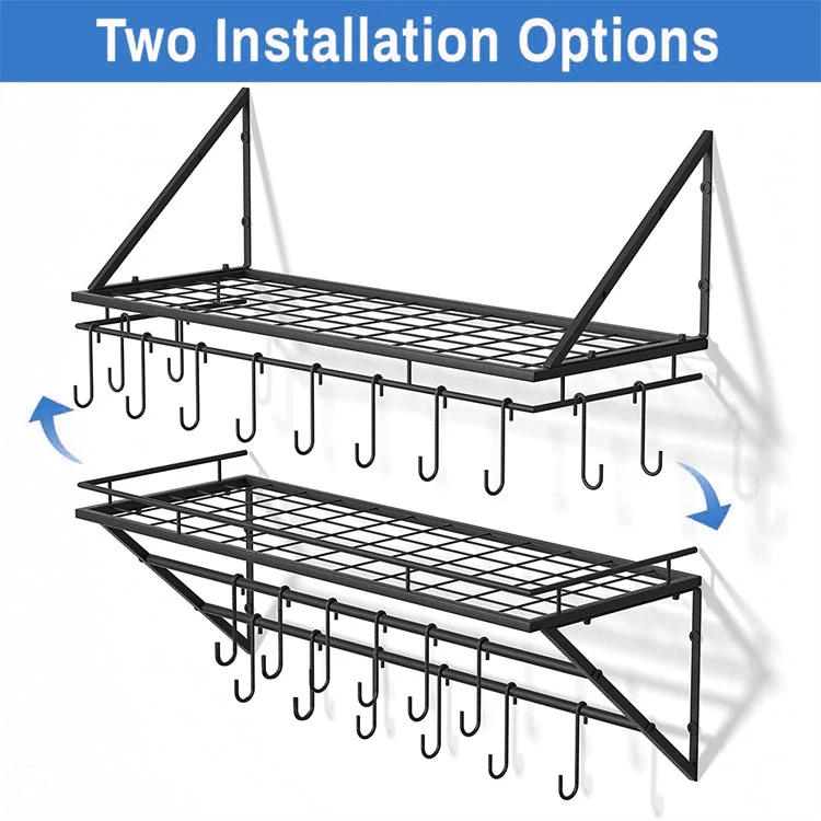 Factory Price wholesale wall mount pot and Pan rack kitchen metal storage racks
