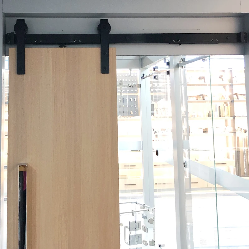 Heavy Duty Frameless Barn Door Hardware Basic Black Vertical Spoke Wheel Roller Kit Single Wood Sliding Barn Door Hardware Kit