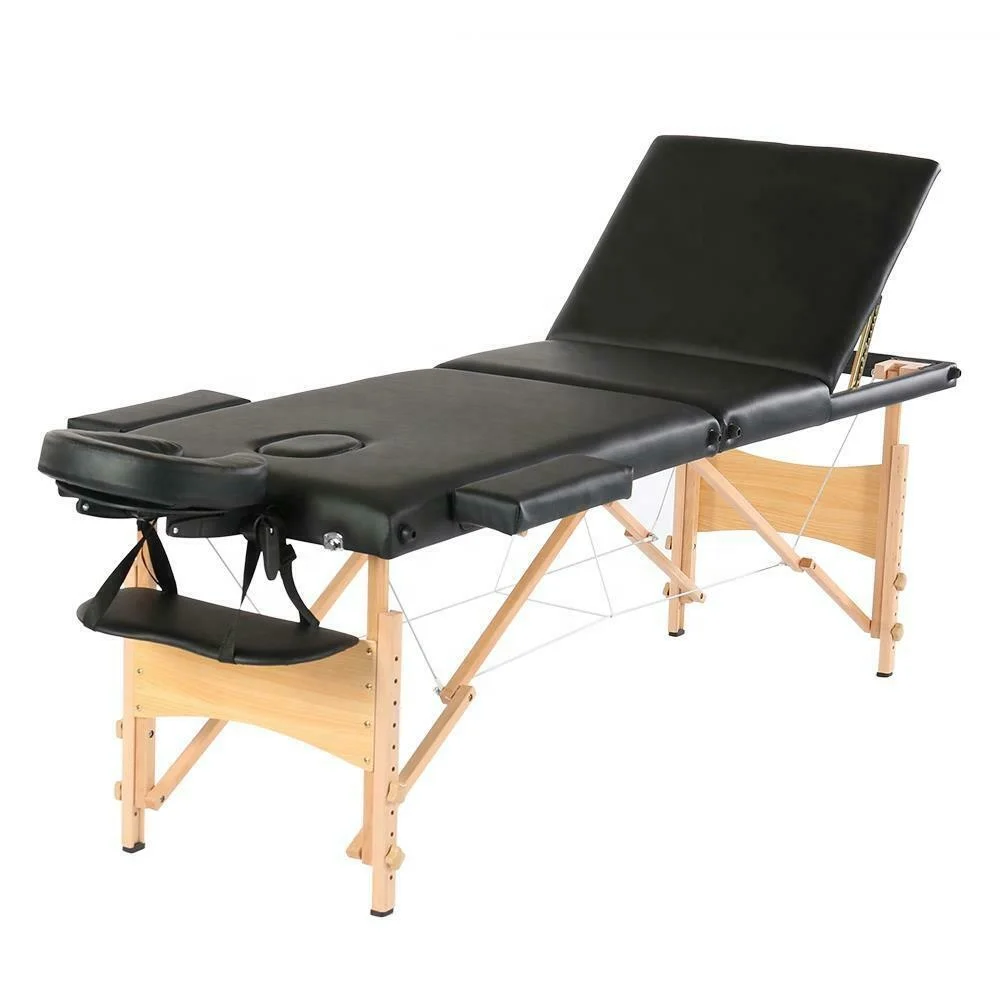 Black 3 Section Synthetic Leather Portable Massage Table Facial Bed