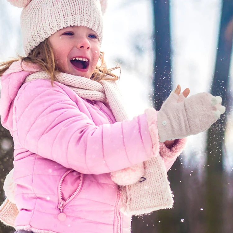 Convertible Flap Cover Kids Knitted Warm Faux Mink Fur Fingerless Mitten with Rabbit Designed Cover Pink