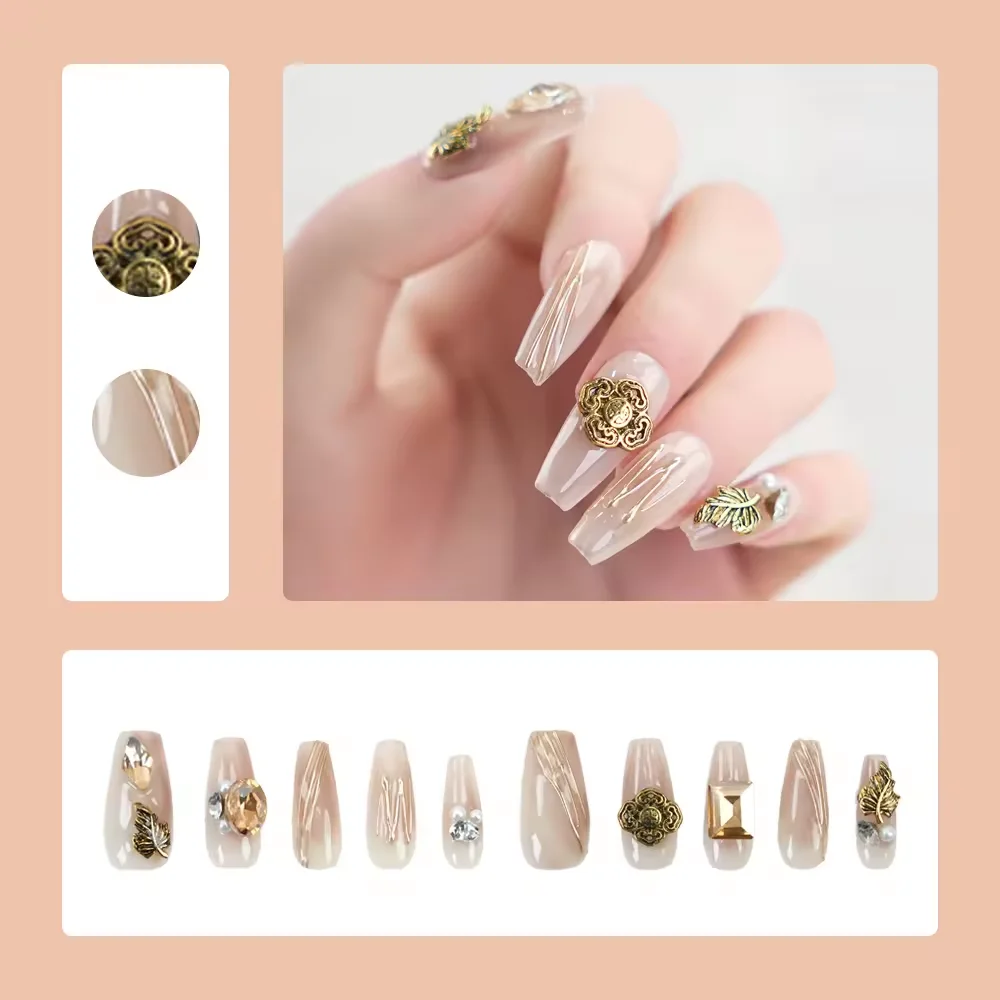 Long Lasting Handmade Nail Press On Gold Flower And Leaf Metallic Artificial Nails Human Finger Nails For Sell