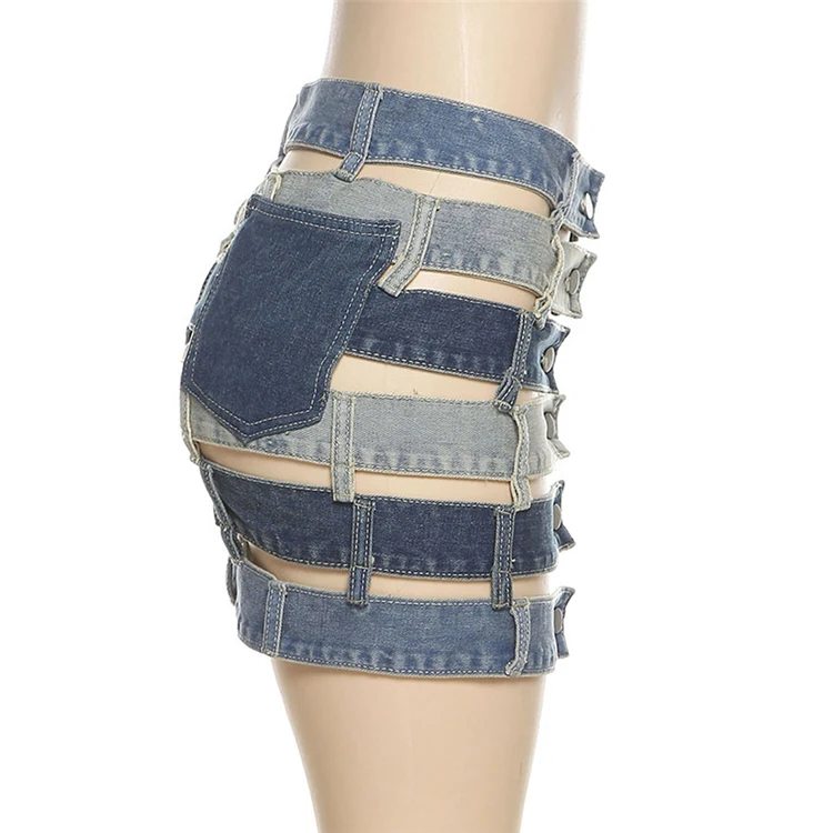 New Arrivals 2021 Clubwear High Waist Sexy Buttons Front Hollow Out Lady Blue Short Denim Jean Skirt Mini Skirts For Women