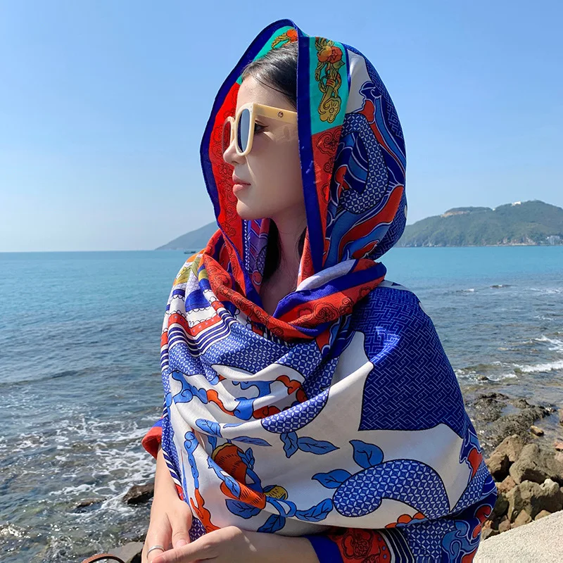 2024 national style beach silk scarf Summer new sunshade and sunscreen dual-purpose large shawl Beach holiday travel silk scarf